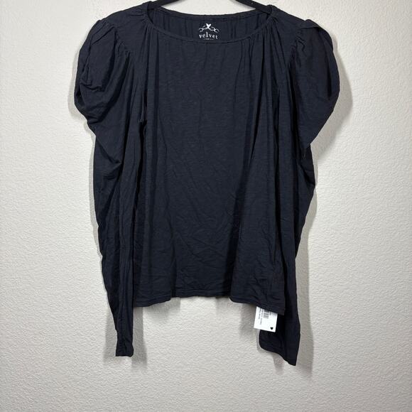 Velvet by Graham & Spencer Medium Tracie Ruched Top Black Puff Long Sleeves - Picture 2 of 10
